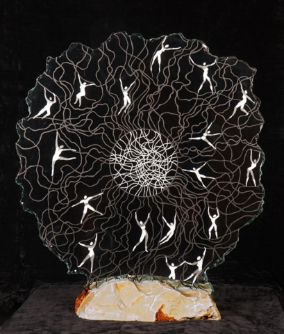 Network,  70 cm x 70 cm , broken glass, engraved and painted